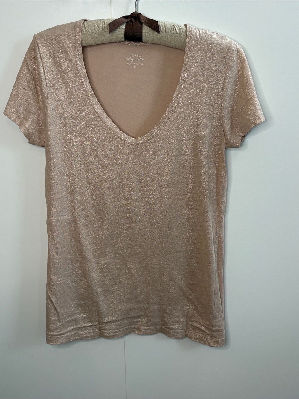 J. Crew Vintage Metallic V-Neck Short Sleeve Tee in Rose Gold S